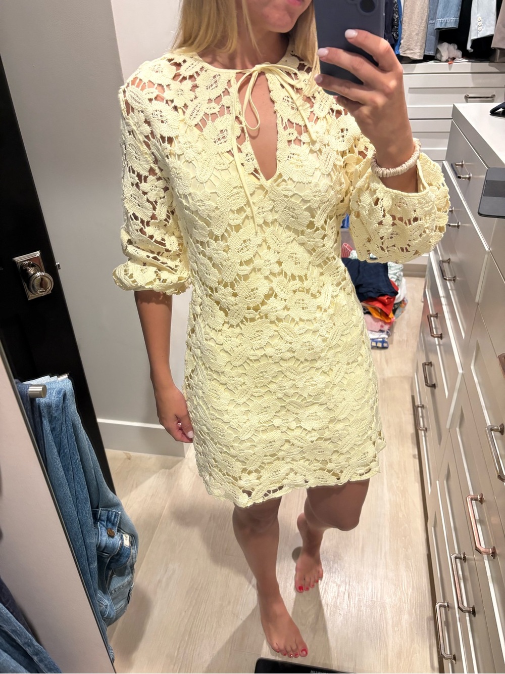 Maje Pale Yellow Lace Tie-Neck Mini Dress